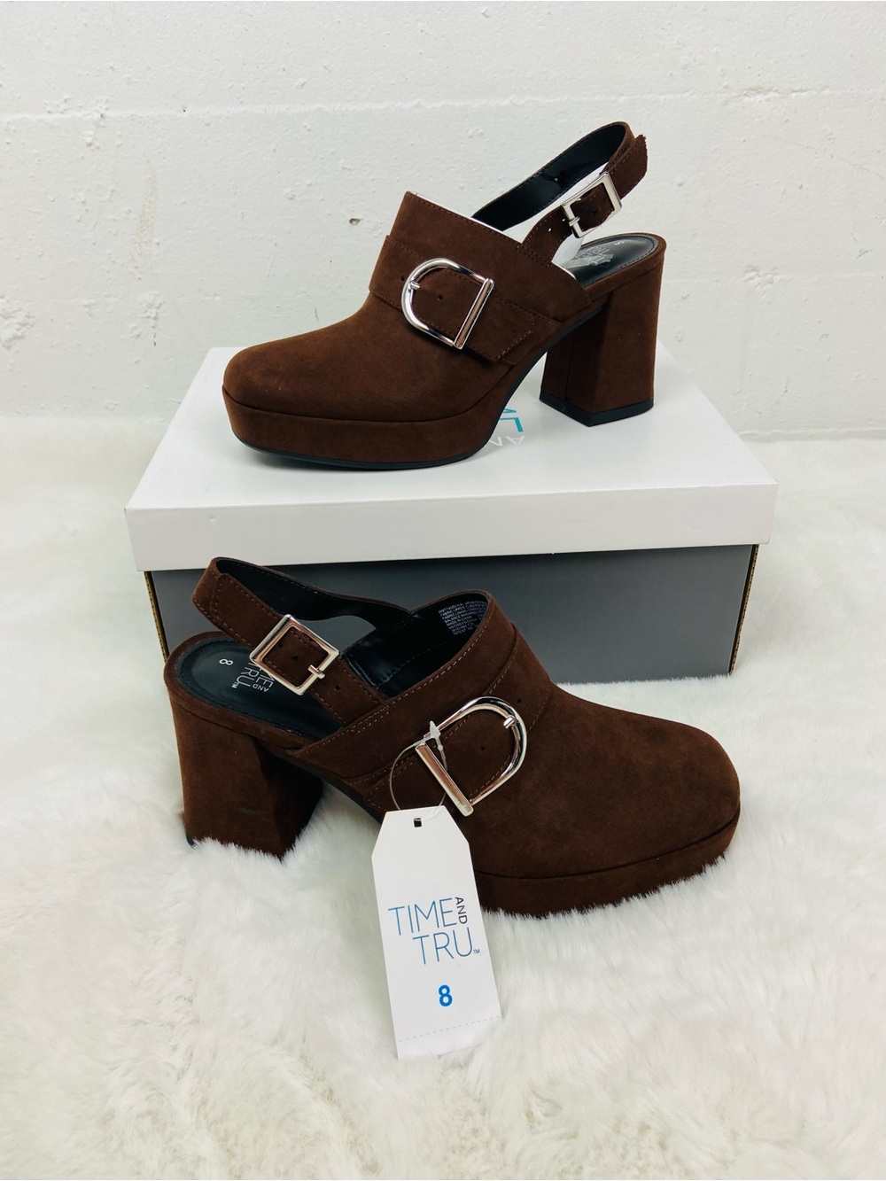 Time and Tru Brown Suede Block Heel Slingback Clog size 8